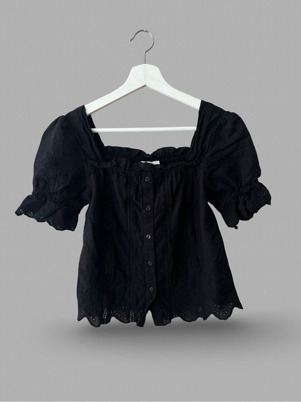 Black Puff-Sleeve Eyelet Button-Front Women's Top